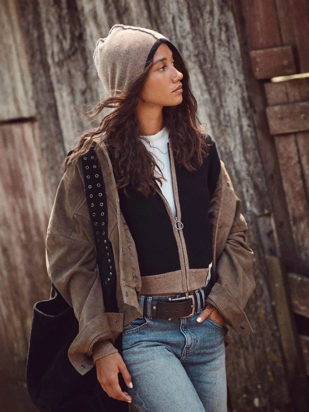 Free People Bordeaux Cashmere Hoodie We The Free Zipper Long Sleeve Black Tan
